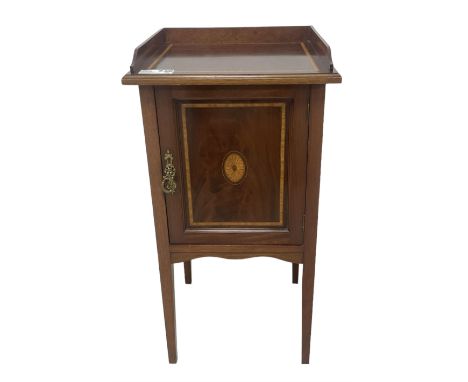 Edwardian inlaid mahogany pot cupboard, raised three-quarter gallery back, panelled door with fan inlay enclosing single shel