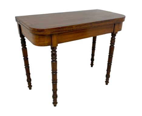 Early 19th century mahogany tea table, rectangular fold-over top with rounded corners, inlaid with mahogany banding, the plai