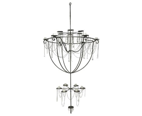Large bespoke wrought iron cage candle chandelier, the top tier with six extending branches over bell-shape cage with scrolle