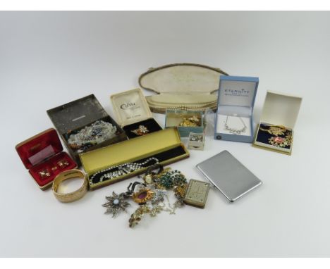 Gold sleeper earrings, 9ct gold front and back locket, costume jewellery including vintage brooches, chromium plated cigarett