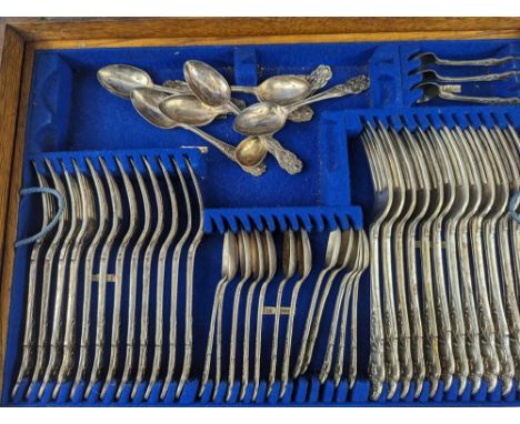 A large Mappin & Webb canteen of silver, silver-plated and stainless-steel cutlery and flatware. Consists of many spoons, kni