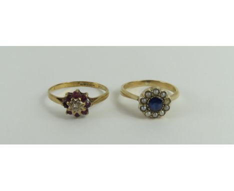A 9ct gold ruby and diamond cluster ring, finger size N, 1.25g gross; a sapphire and pearl cluster ring, finger size K, 2.17g