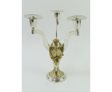 A contemporary commemorative silver and parcel gilt three-light candelabra, by Hector Miller, London, 1981, issued by order o