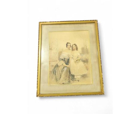 19th Century English School - portrait of a woman and child, watercolour, inscribed label verso detailing the sitters, 35cms 