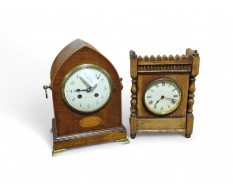 An Edwardian mantel clock the dial inscribed Maple & Co Paris & London, in inlaid mahogany lancet case 26cms high together wi