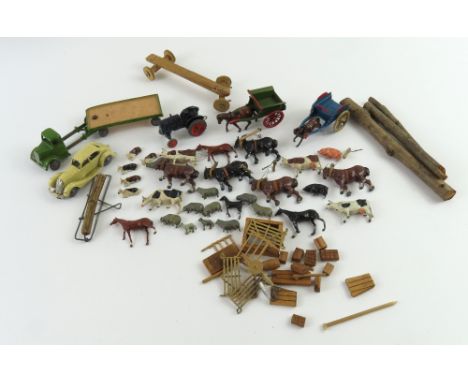 Britains Lilliput World metal models to include cows, horses, tractor, carriages and other items, in a card case