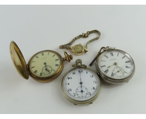 A ladies 9ct gold Avia watch face on base metal bracelet, a silver cased open face pocket watch - Rankin, Kilmarnock, an Elgi