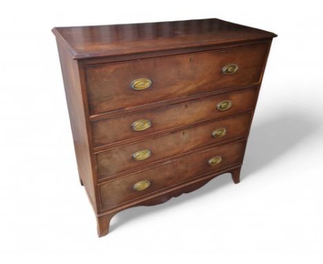 A late-19th-century mahogany chest of four long drawers of different sizes, each with brass swing handles off oval discs. Upo