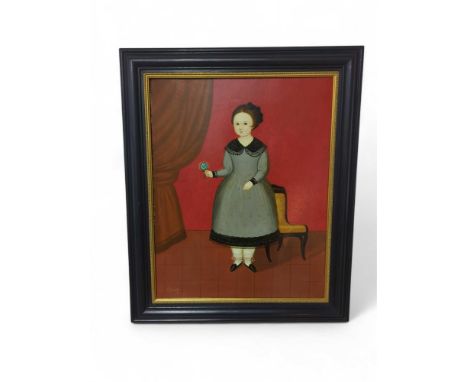 A Primitive style portrait of a young girl holding a posy, oil on canvas, signed Oscar, 44cms x 34cms