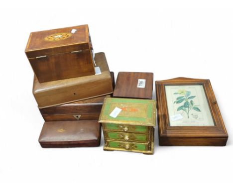A 19th century inlaid mahogany tea caddy together with a selection of other decorative wooden boxes and miniature chest of dr