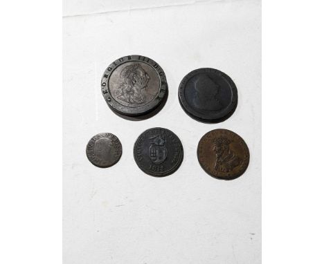 A Bristol farthing 1662, f/worn; a 1797 cartwheel 2d, some knocks otherwise vf; “John of Gaunt” commerce token and others