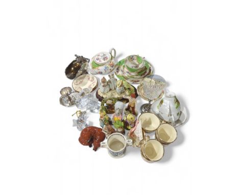 A Beswick figure of a sleeping fox together with Beswick Beatrix Potter figures, decorative teaware, silver plate and glass i