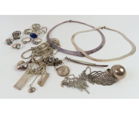 A collection of silver jewellery, comprising mostly necklaces and rings. Most items marked. In total 7.37 Troy oz