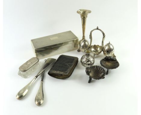 A large collection of silver and silver-plated items, including several pots and containers, a crochet hook, flower vase and 