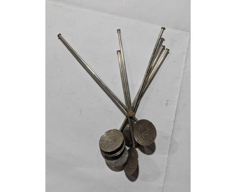 Six sterling silver drinking straws, 2.5 troy oz and a Continental christening mug