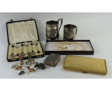 Edwardian silver christening mug, by Joseph Gloster, Birmingham, 1904, silver cased prayer book, silver plated coffee bean sp