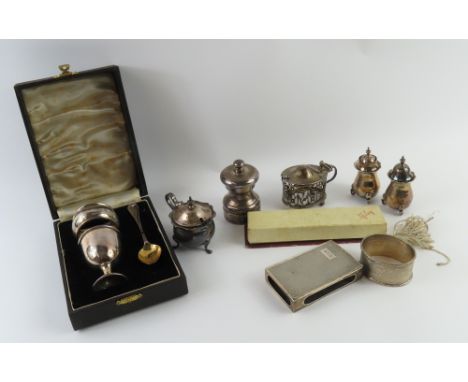 A collection of mixed silverwares, including a christening set in fitted presentation case, salt mill, propelling pencil, cru