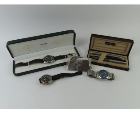 Orvis: a gentleman's military style chronograph wristwatch, in fitted presentation case, Swatch chronograph wristwatch, Guinn