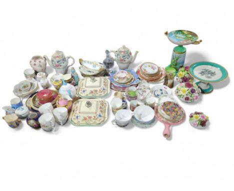 A large quantity of decorative porcelain including tazza painted with storks, Royal Doulton Dickens Ware, tea cups and saucer