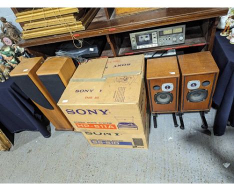 A HiFi turntable together with assorted speakers, boxed Sony music systems and others