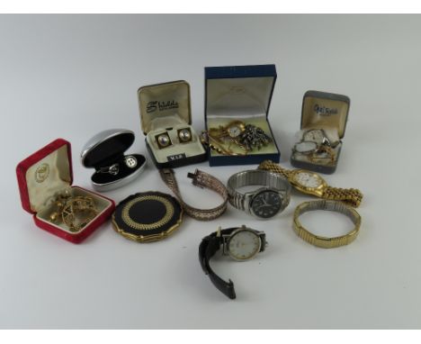 Collection of costume jewellery, including an Italian silver mesh bracelet, wristwatches and compact