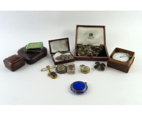 A collection of 19th century and later silver and costume jewellery, to include a ring set with foil back stones, blue enamel