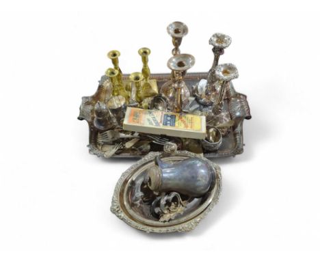 A quantity of silver plated items including candlesticks, rectangular tray, entree dishes etc, some brass candlesticks and cu
