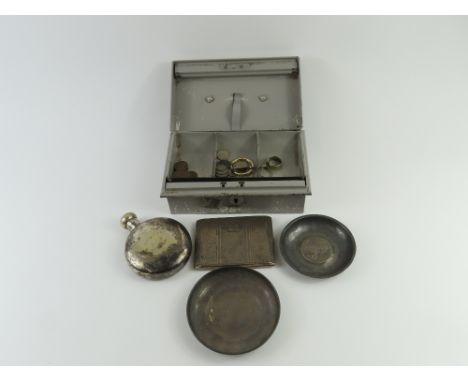 A silver art deco cigarette case, two white metal dishes, silver plated hip flask and a small collection of coins, 4.2 troy o