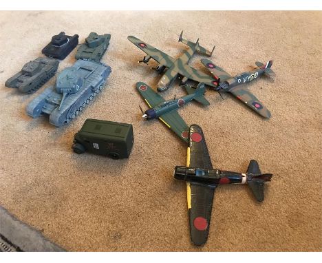 Various Toy Aeroplanes and Tanks including Corgi - hurricane and Corgi - Avro York and Corgi Churchill Tank etc...