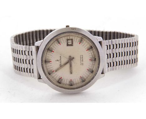 A vintage Bolova automatic gents wristwatch, it has a stainless steel case, automatic twenty five jewel movement and a white 