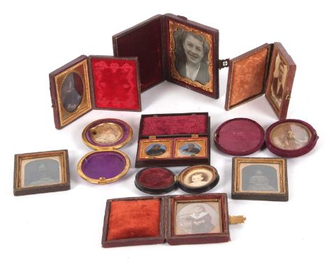 Mixed Lot: Vintage Daguerreotope photographs etc to include a vulcanite case double Daguerreotope of a Victorian lady and gen