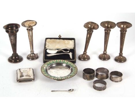 Mixed Lot: Group of five silver spill vases (a/f) loaded bases together with an EPNS example, three hallmarked silver serviet