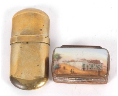 Mixed Lot: An antique metal framed French agate and hand painted porcelain pill box together with a Comoy Everyman No 5 brass
