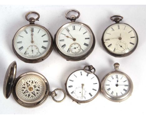Mixed Lot: Five pocket watches and a compass, three of the pocket watches are hallmarked, the others are metal, the compass c