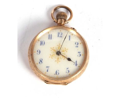 A ladies yellow metal pocket watch stamped 14k on the inside of the case back, it has a manually crown wound movement, a whit