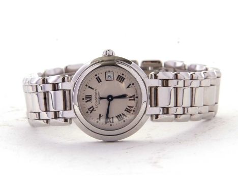 A Longines Prima Lima ladies wristwatch, the watch has a quartz movement, stainless steel case and bracelet and a cream dial 