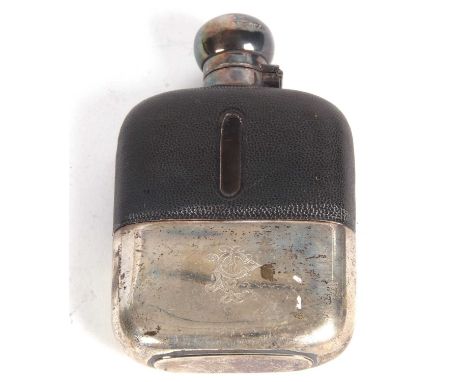 Late Victorian spirit flask hallmarked silver lancet fitting with pull off silver cup, initialled, having a leather covered b