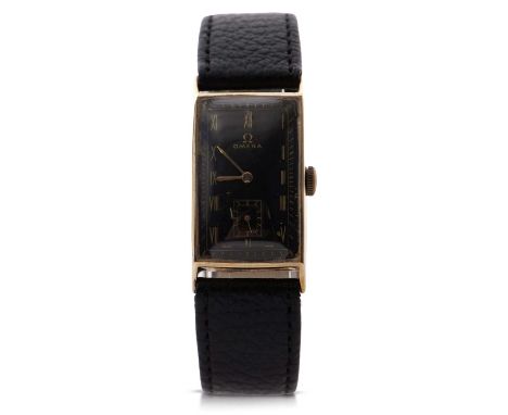 A 9ct gold cased Omega Tank gents wristwatch, it has a manually crown wound movement, the inside of the case back is stamped 