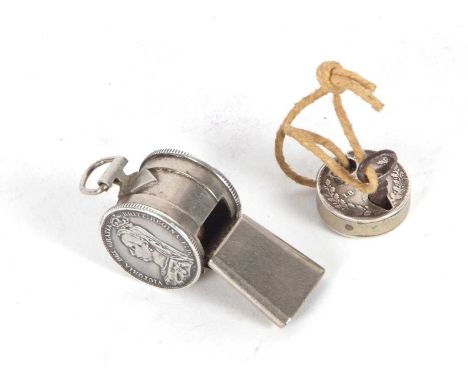 Mixed Lot: Vintage small whistle, the barrel shaped chamber with two Victorian sixpence coins dated 1889, 3.5cm long together