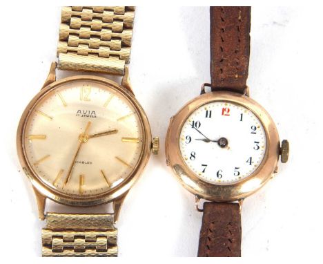 A mixed lot of two 9ct gold wristwatches, one gents Incabloc Avia and the other a ladies enamel dial wristwatch, both are hal