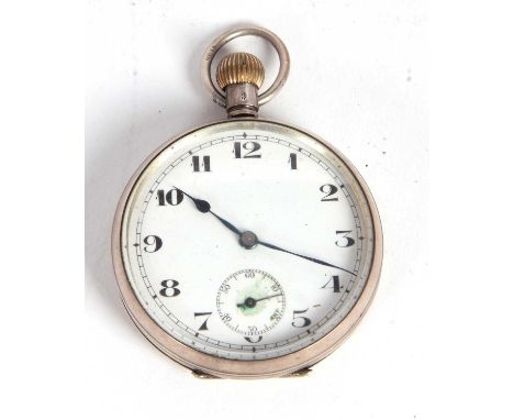A gents white metal pocket watch, it has a crown wound movement and the case back is stamped 925, it has a white enamel dial 