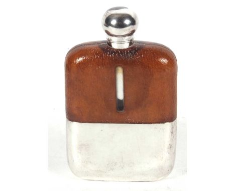 A James DIxon &amp; Son 3/8 pint spirit flask with plated screw on lid and detachable drinking cup, top half leather covered 