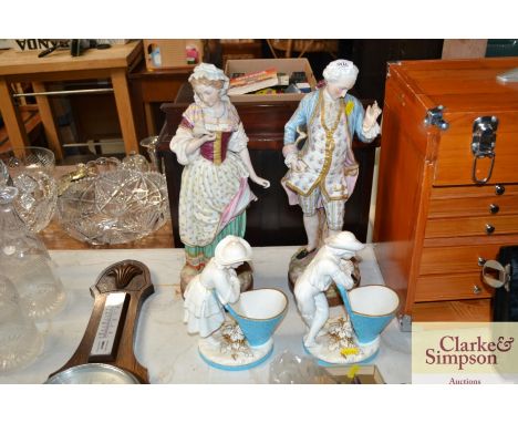 Two classical figures converted to table lamps and a pair Minton posy vases