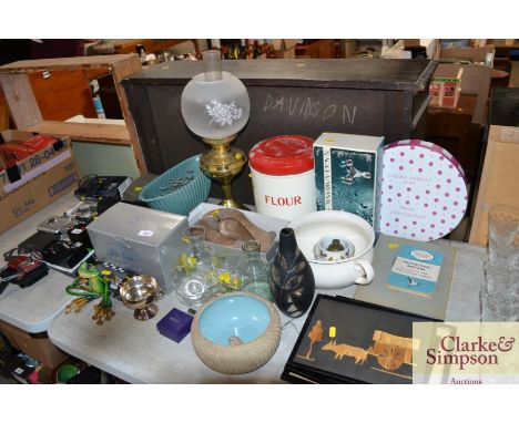 A quantity of various sundry items to include flour storage tin, oil lamp with opaque glass shade, Sylvac type vase