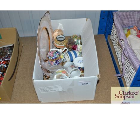 A box of decorative china to include Sylvac model dog, Oriental vases, egg cups, miniature plates etc. 