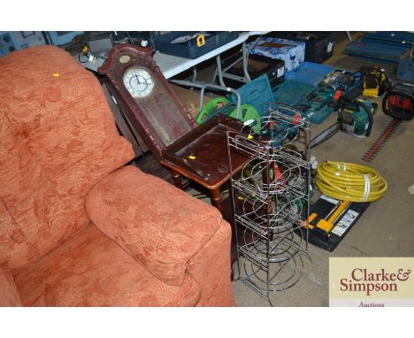 A side table; a pot rack; a folding chair and a Tempus fugit wall clock