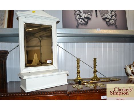 A white painted mirrored shelf; a pair of brass candlesticks; a candle snuffer; toasting fork; three horse brasses etc.