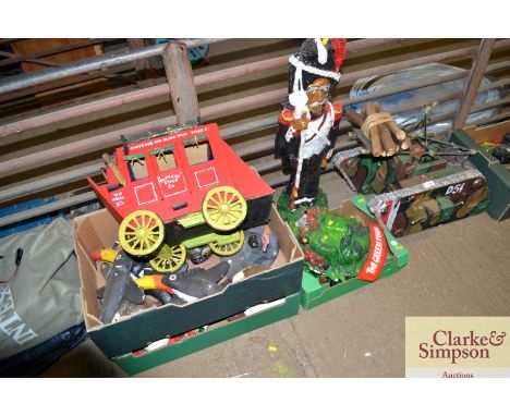Three boxes of various handmade models, a model tank etc