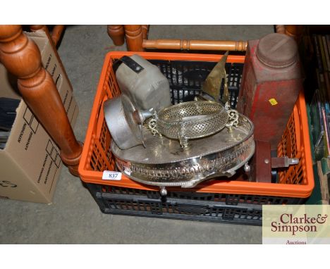 A box containing silver plated tray; hip flasks; brass yacht model; a pair of binoculars etc