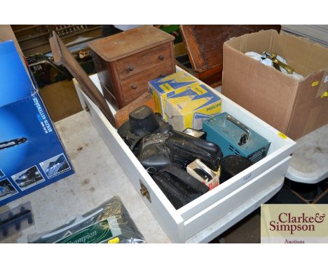 A box and contents of a table top chest; various camera related items etc